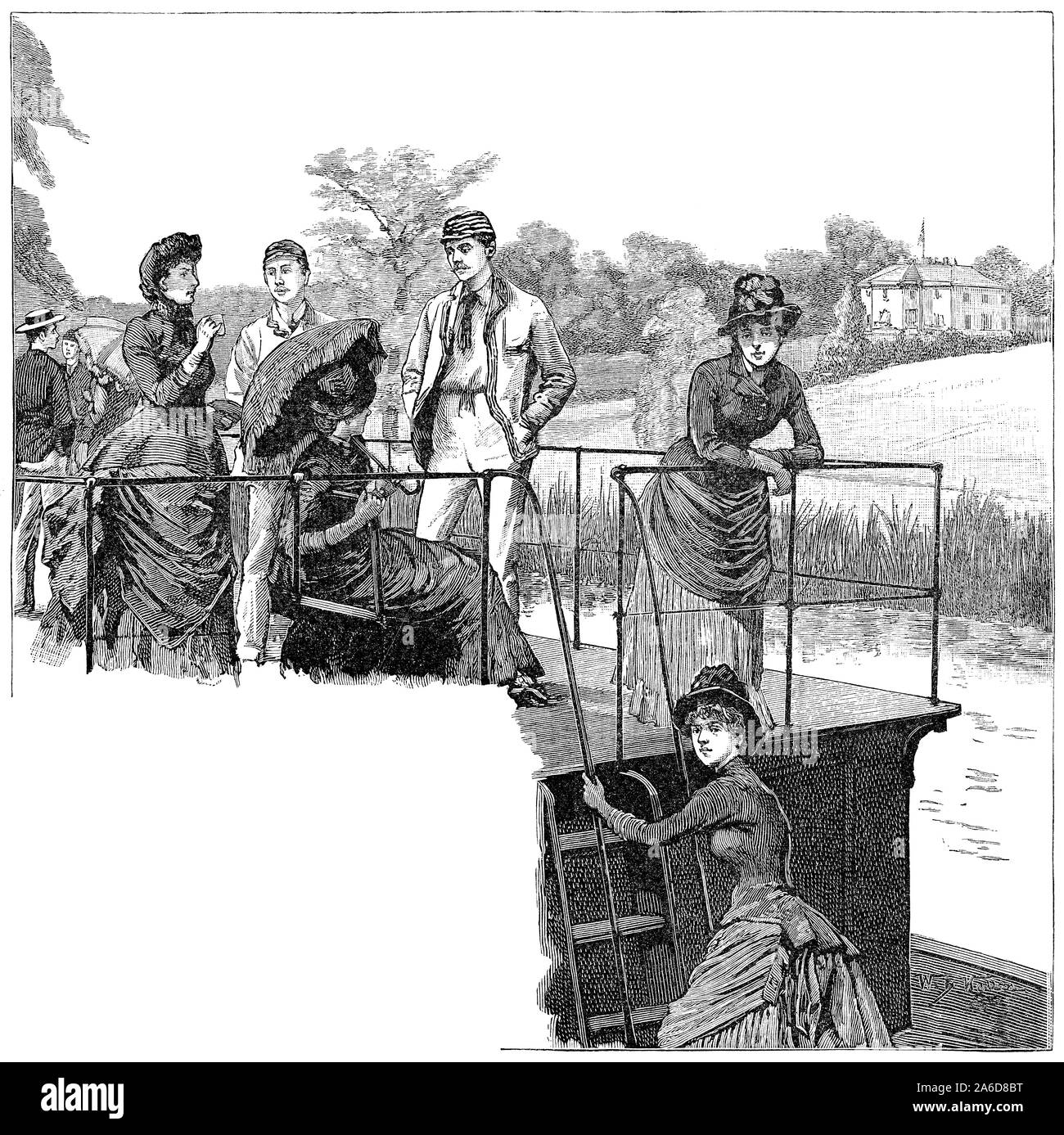 1891 engraving of a pleasure cruise on the River Thames at Nuneham Courtenay, Oxfordshire, England. Stock Photo