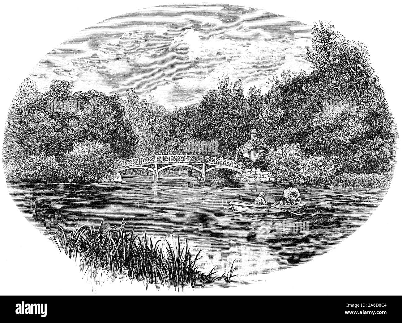 1891 engraving of a bridge over the River Thames at the village of Nuneham Courtenay in Oxfordshire, England. Stock Photo