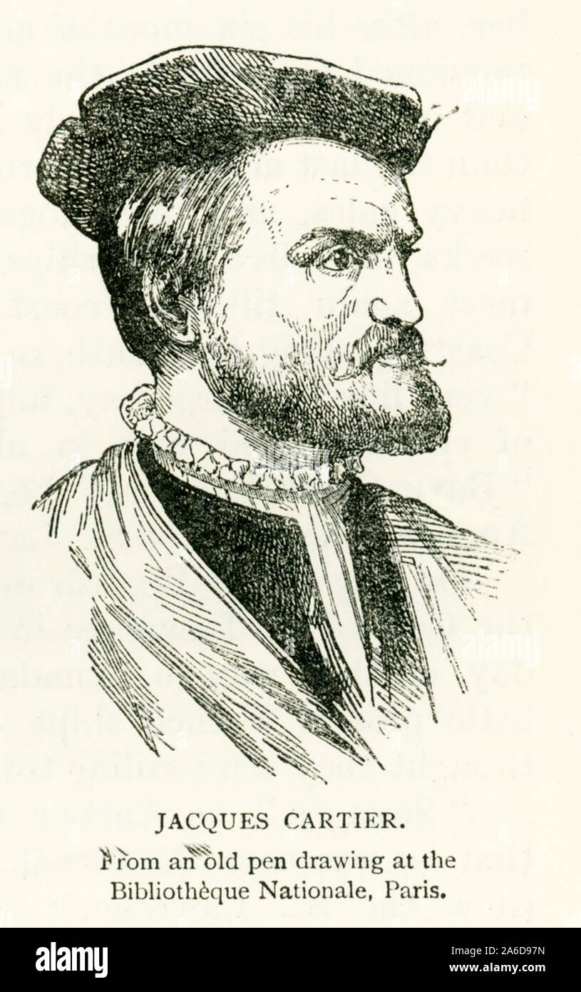 This illustration of Jacques Cartier dates to 1912. It is based on an old pen drawing that is house in the Bibliotheque Nationale in Paris. Jacques Cartier (1491-1557) was a Breton explorer who claimed what is now Canada for France and was the first European to describe and map the Gulf of Saint Lawrence and the shores of the Saint Lawrence River. Stock Photo