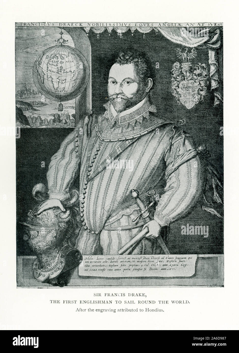 This images dates to 1912. It shows Sir Francis Drake and the caption reads: Sir Francis Drake. The First Englishman to Sail Round the World. It is based on an engraving attributed to Hondius. Jodocus Hondius (in Dutch: Joost de Hondt) was a Flemish engraver and cartographer. He was born in 1563 and died in 1612. Drake carried out the second circumnavigation of the world in a single expedition, from 1577 to 1580, and was the first to complete the voyage as captain while leading the expedition throughout the entire circumnavigation. Stock Photo