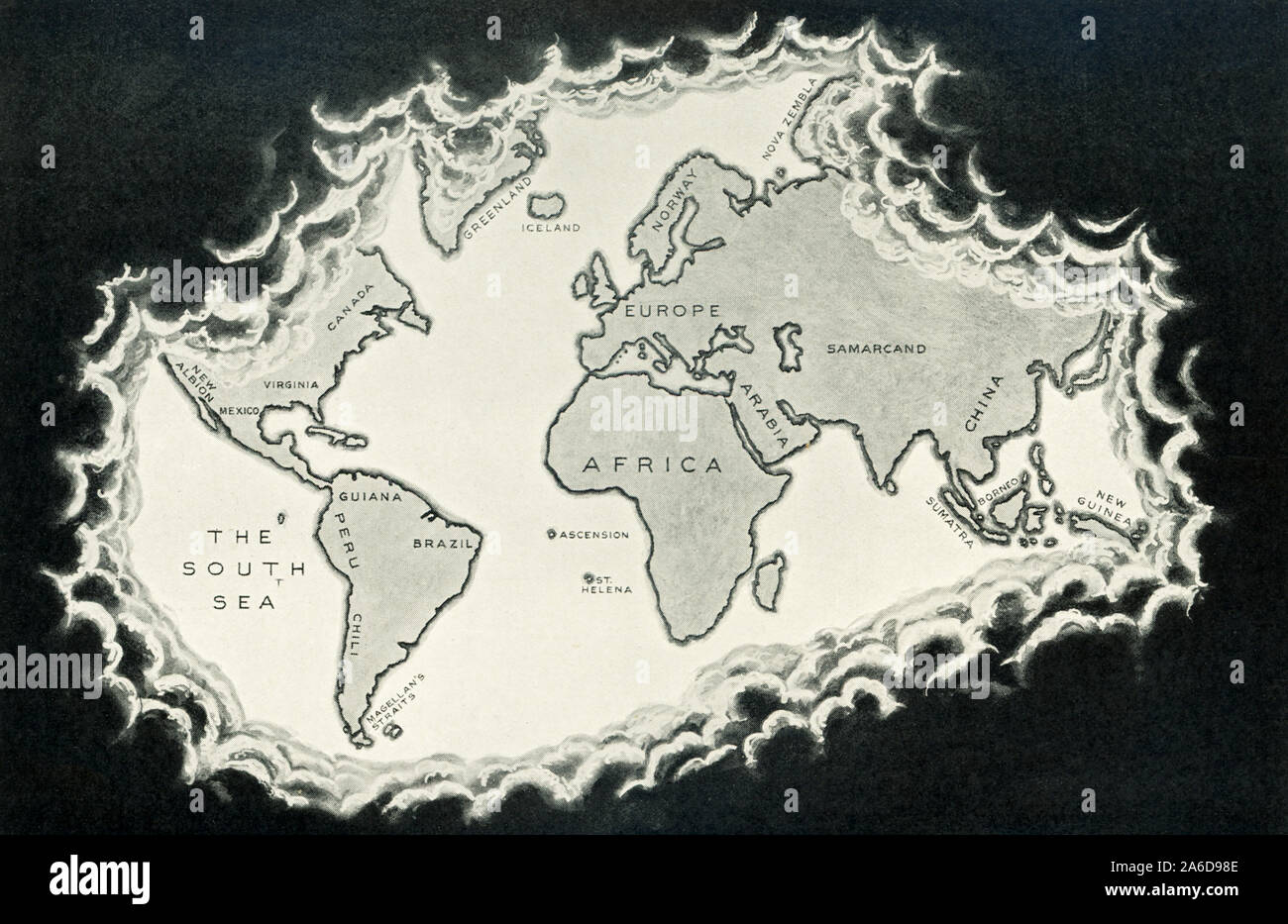 This illustration dates to 1912 and is part of a series of maps titled: “The Unrolling of the Clouds.” It is the fifth in the series. It shows the world as known after the circumnavigation by Sir Francis Drake in the years 1577-1580. The First Englishman to Sail Round the World. Drake carried out the second circumnavigation of the world in a single expedition, from 1577 to 1580, and was the first to complete the voyage as captain while leading the expedition throughout the entire circumnavigation. Stock Photo