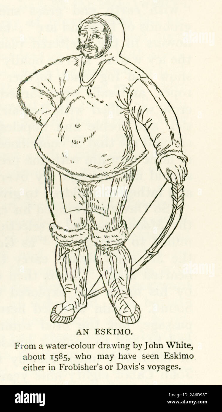 This illustration of an Eskimo is from a water-colour drawing by John White about 1585. White may have seen Eskimo with in Frobisher’s or Davis’s voyages. Martin Frobisher was an English seaman and privateer who made three voyages in the 1500s to the New World looking for the North-west Passage. He probably sighted Resolution Island near Labrador in north-eastern Canada, before entering Frobisher Bay and landing on present-day Baffin Island. John Davis or Davys was one of the chief English navigators of Elizabeth I. He led several voyages to discover the Northwest Passage and served as pilot a Stock Photo