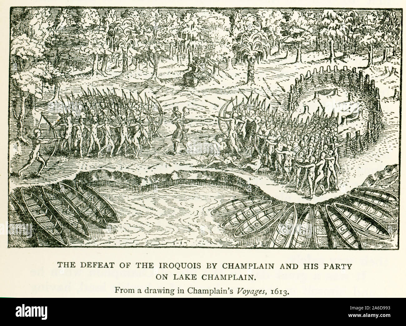 This illustration from a drawing in Champlain’s Voyages published in 1713 shows The defeat of the Iroquois by Champlain and his party of Lake Champlain. Samuel de Champlain was a French colonist, navigator, cartographer, draftsman, soldier, explorer, geographer, ethnologist, diplomat, and chronicler. He made between 21 and 29 trips across the Atlantic Ocean, and founded Quebec, and New France, on July 3, 1608. Stock Photo