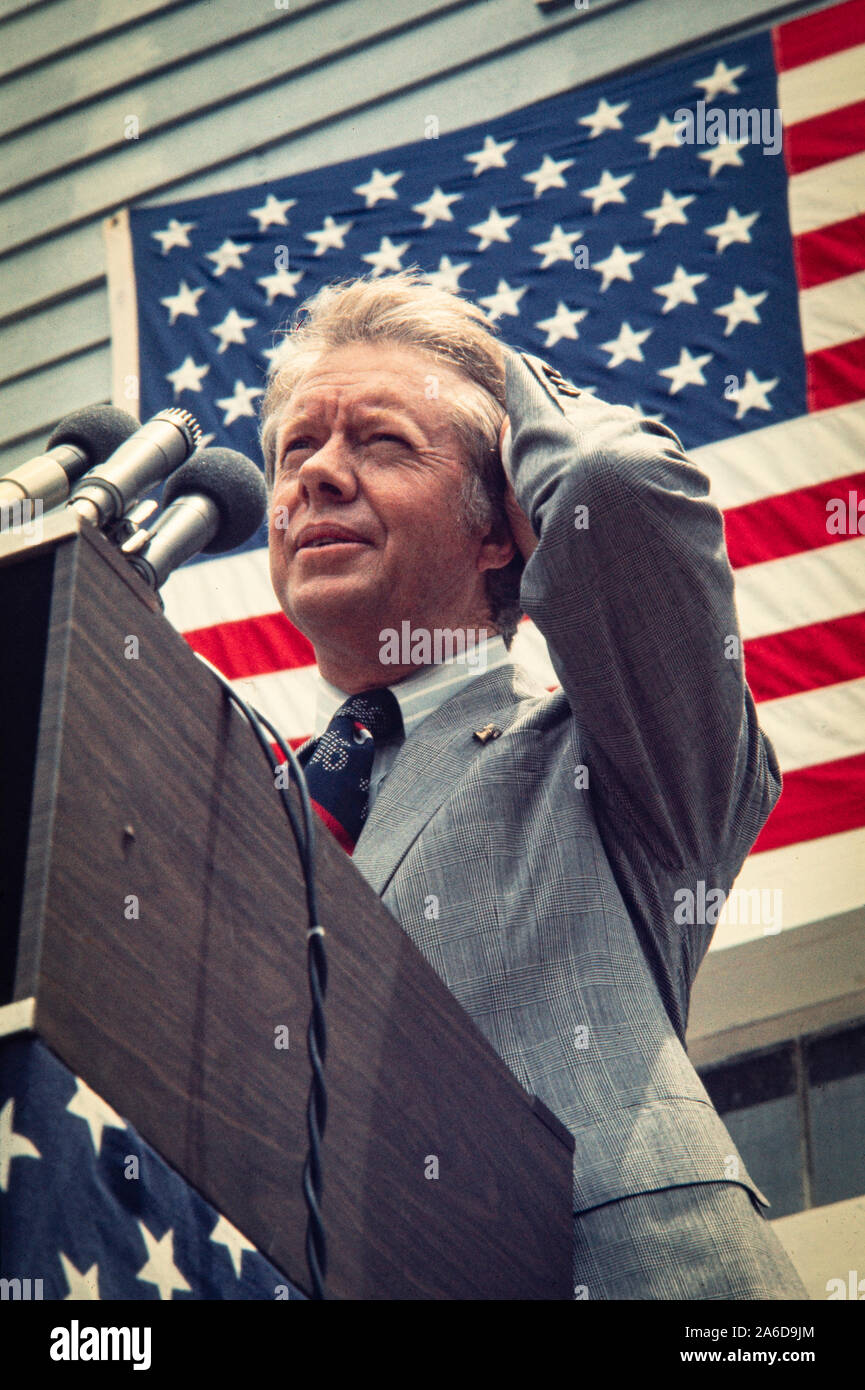 Democratic president candidate Georgia Governor Jimmy Carter speaks to a crowd at Westville, Georgia on the American Bicentennial - July 4, 1976. Stock Photo