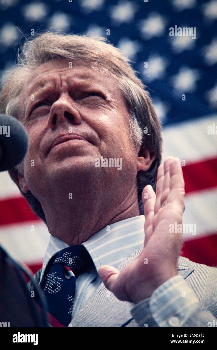 Democratic president candidate Georgia Governor Jimmy Carter speaks to a crowd at Westville, Georgia on the American Bicentennial - July 4, 1976. Stock Photo