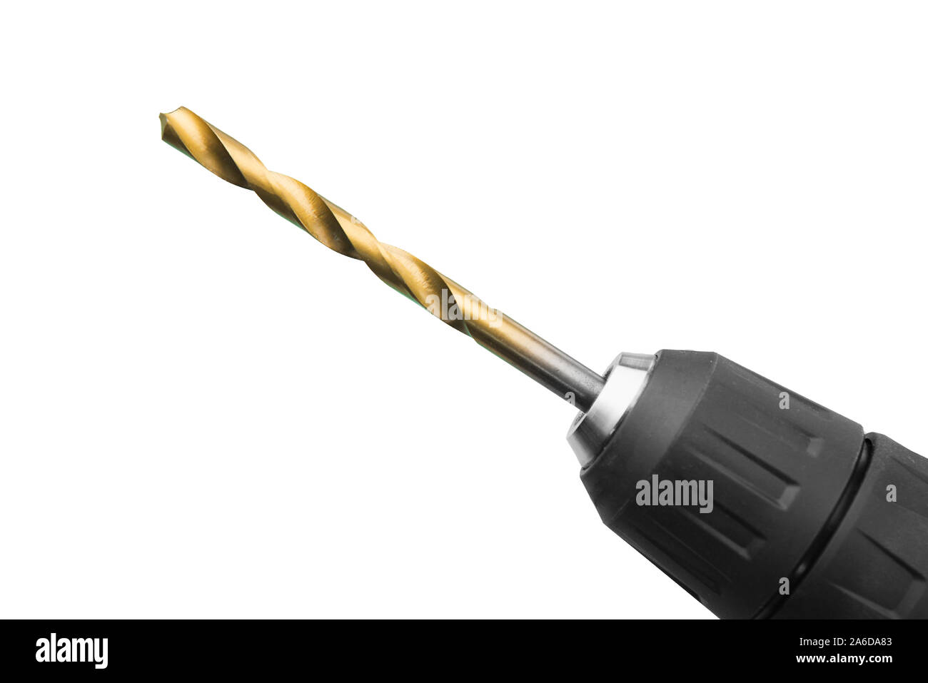 Yellow drill bit in the drill closeup on white background isolated