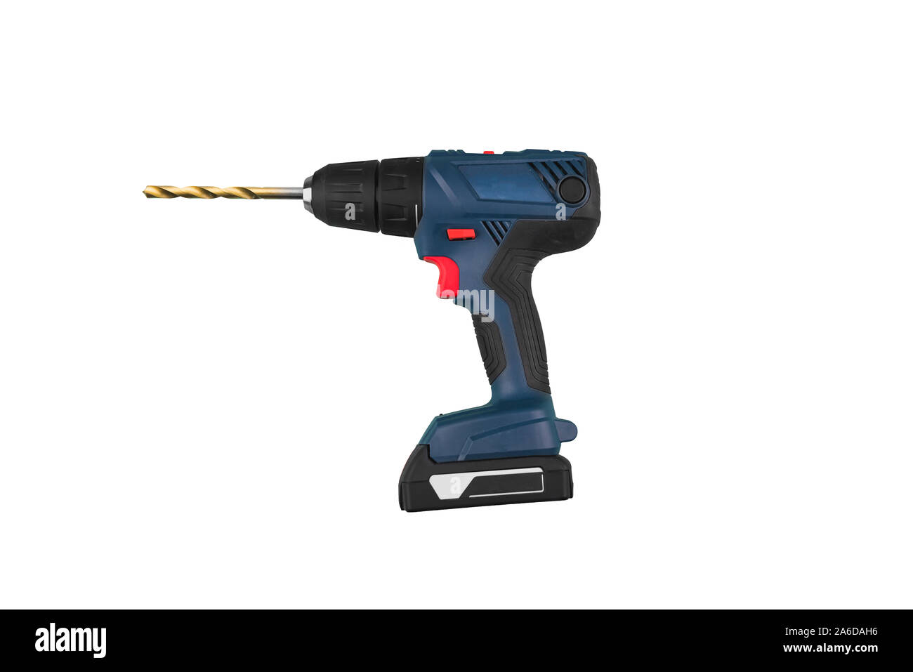 Blue screwdriver power tool with yellow drill bit on white background isolated. Suitable for any purprose use. Stock Photo