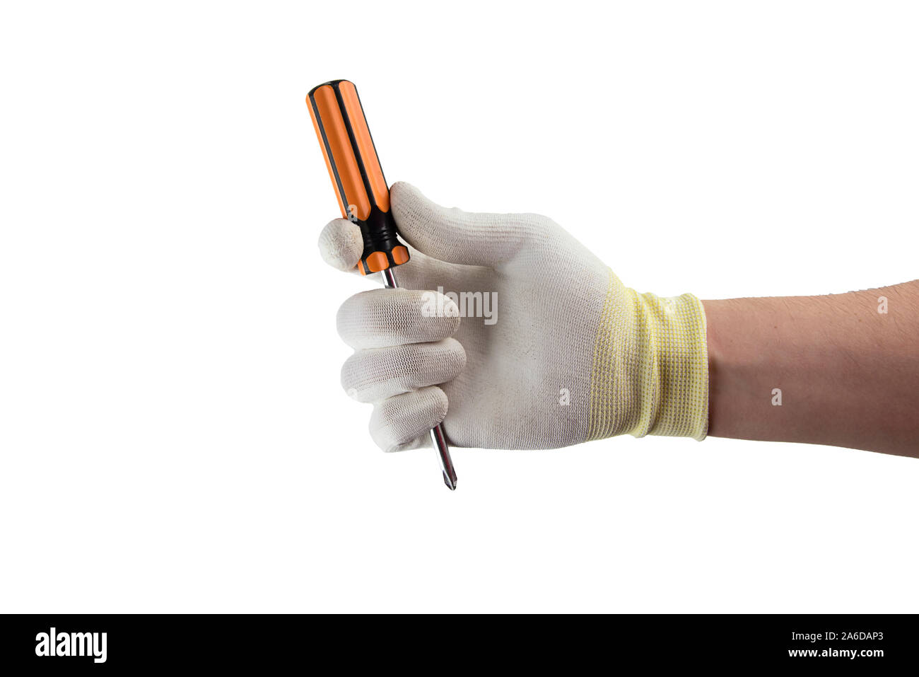 Orange screwdriver in the hand in glove isolated on white background