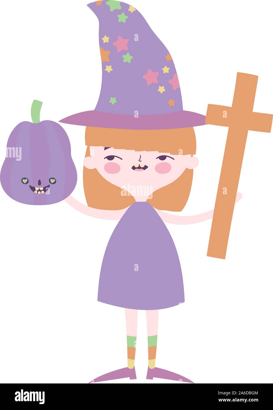 happy halloween celebration girl witch pumpkin and cross vector ...