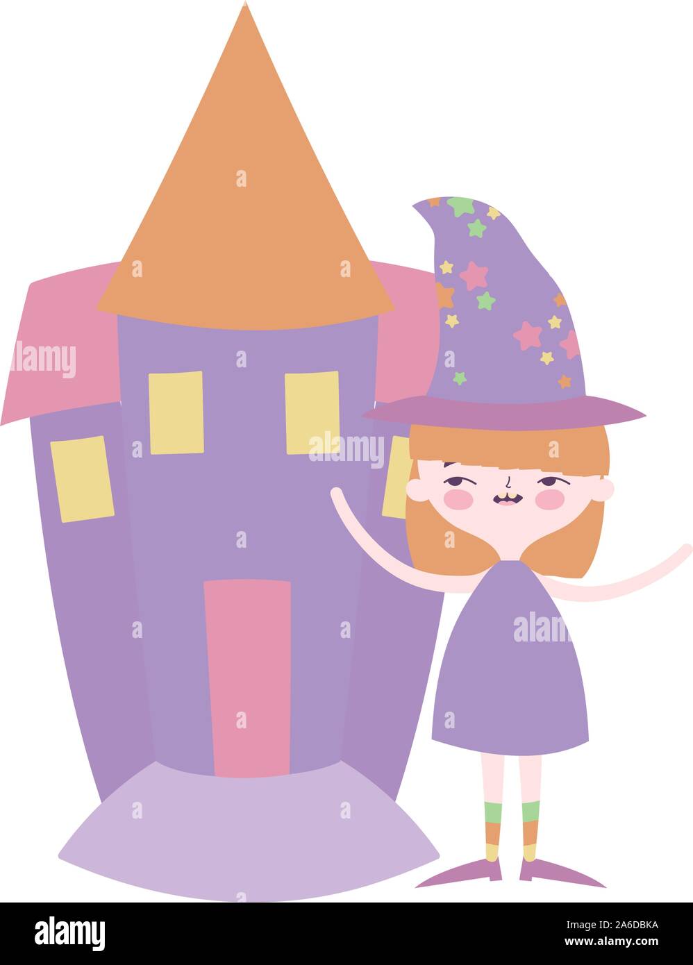 happy halloween celebration girl with hat witch and castle vector ...