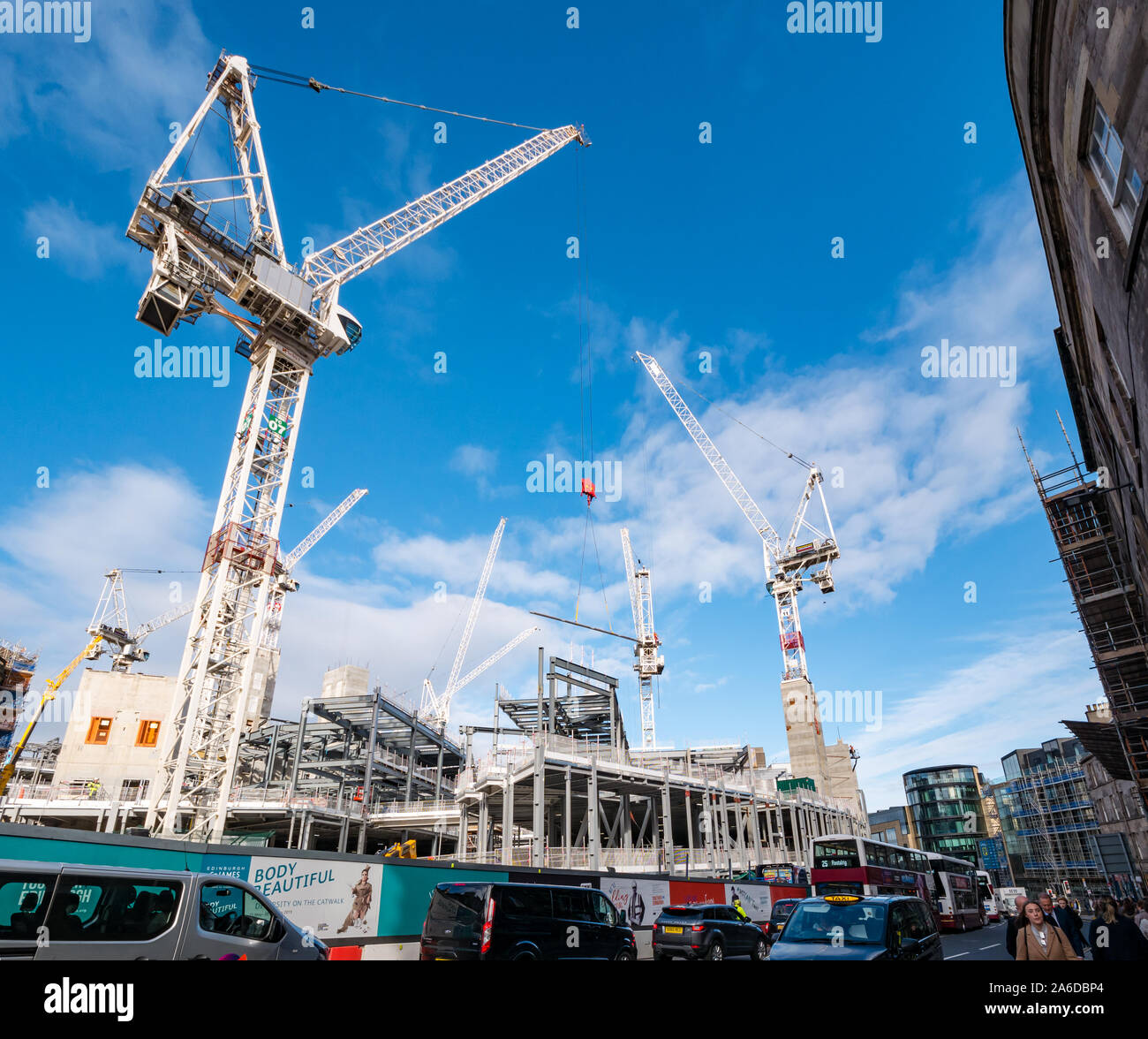 Cranes in building construction work, St James redevelopment, Edinburgh, Scotland, UK Stock Photo