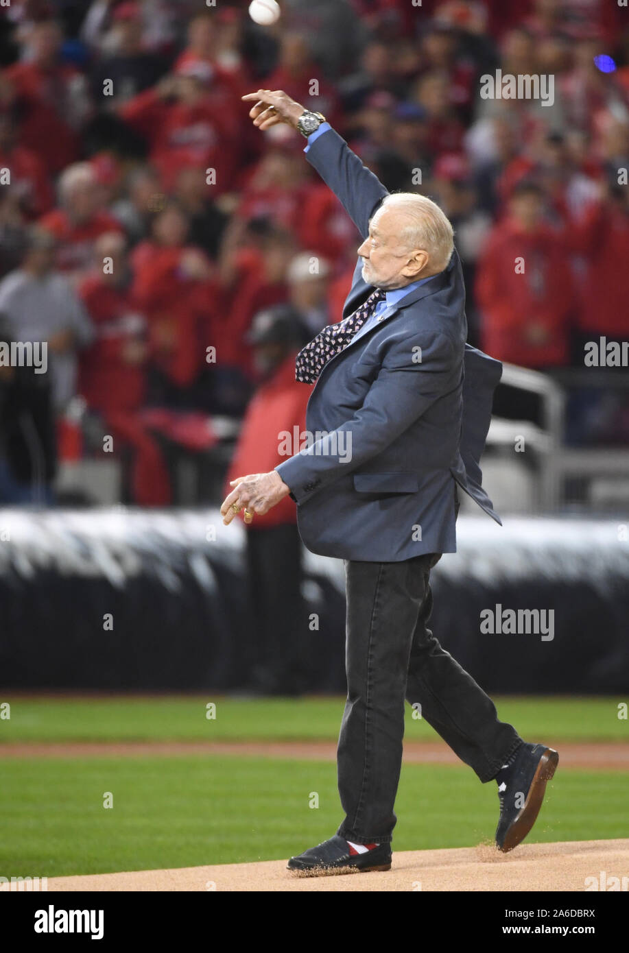 Washington, United States. 25th Oct, 2019. Dr. Col. Buzz Aldrin, astronaut and crew member of the Apollo 11 mission, throws a ceremonial first pitch during ceremonies before the start of Game 3 of the 2019 World Series between the Washington Nationals and the Houston Astros at Nationals Park in Washington, DC on Friday, October 25, 2019. Photo by Kevin Dietsch/UPI Credit: UPI/Alamy Live News Stock Photo