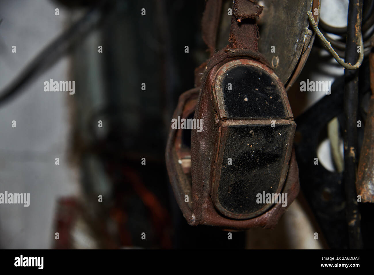Old leather protective dark googles for gas welding Stock Photo