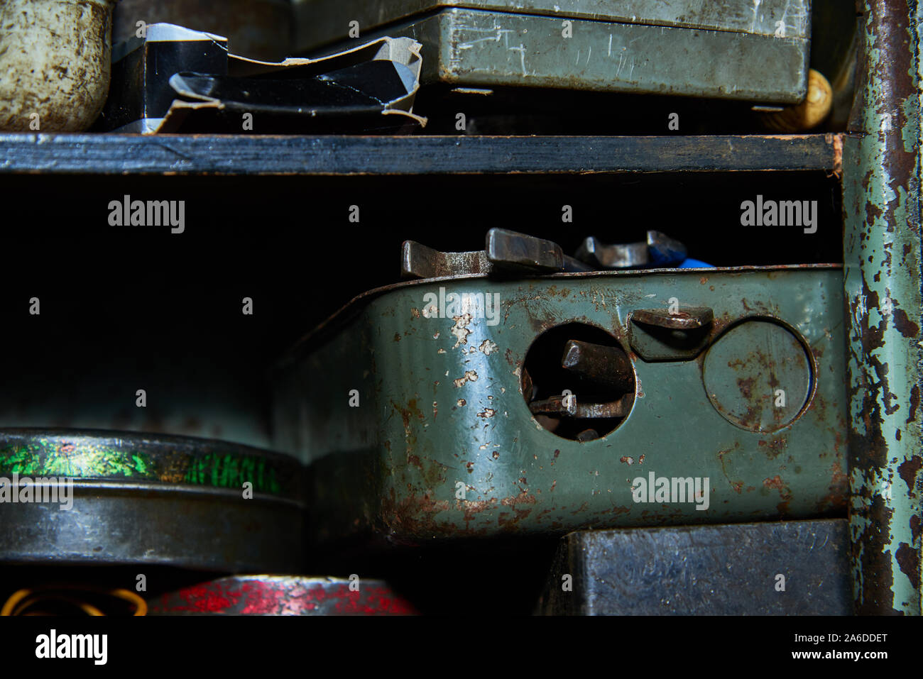 Old rusty tools on the garage rack claoseup Stock Photo
