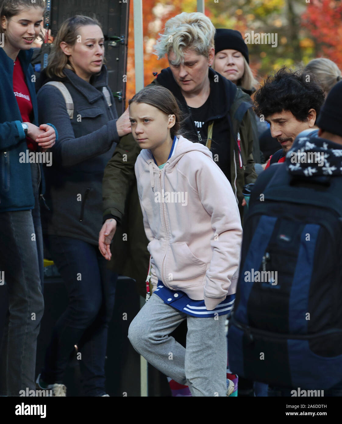 Swedish teen activist Greta Thunberg arrives for the post federal election Friday climate strike march starting and ending at the Vancouver Art Gallery in Vancouver, British Columbia on October 25, 2019. Organized by local youth-led, Sustainabiliteens, Greta and a turn out of nearly 10,000 climate activists demand action from industry and the various levels of government and are supporting the 15-youth who announced their plans to sue the federal government alleging it has contributed to climate change. Photo by Heinz Ruckemann/UPI Stock Photo