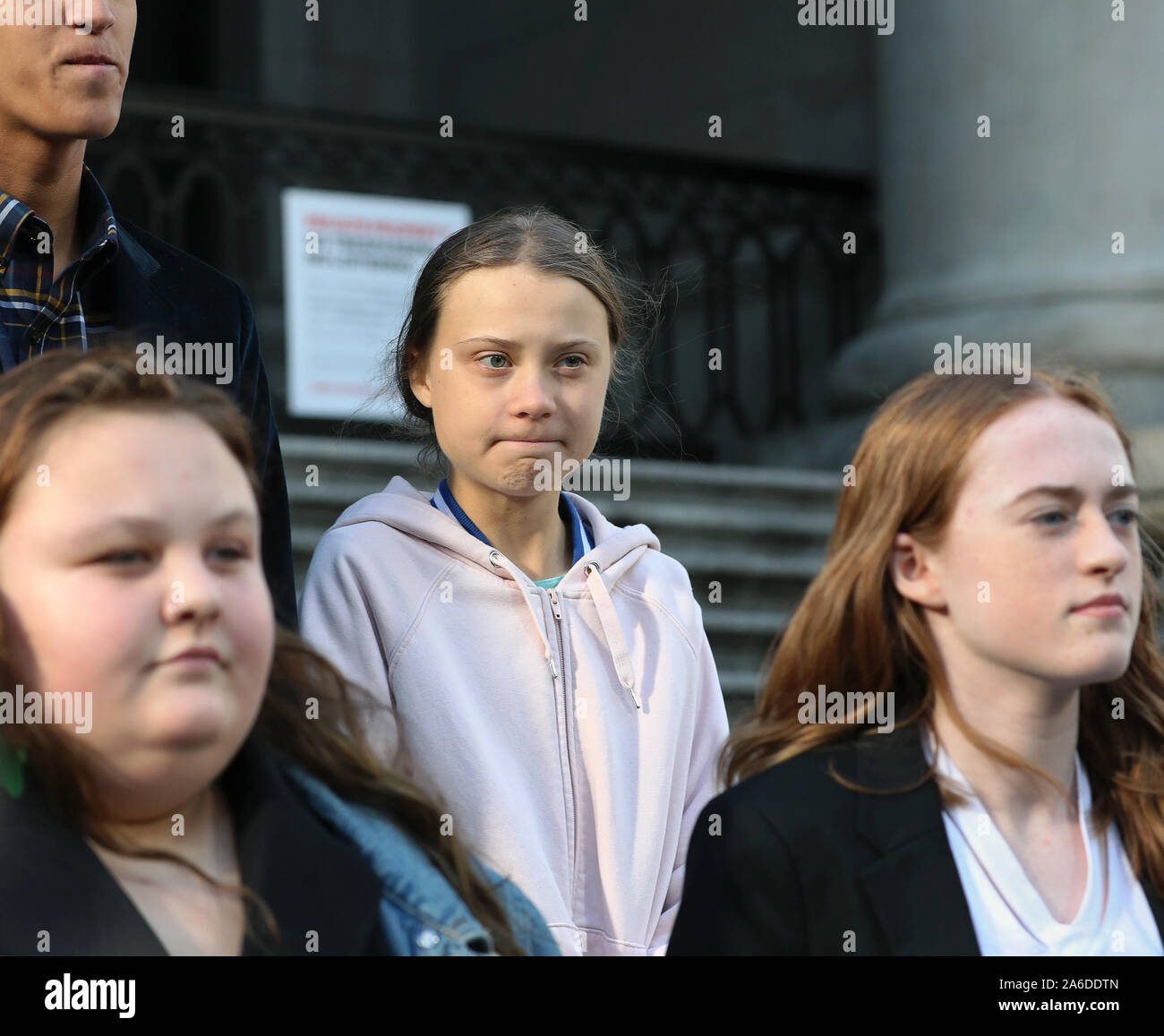 Swedish teen activist Greta Thunberg arrives for the post federal election Friday climate strike march starting and ending at the Vancouver Art Gallery in Vancouver, British Columbia on October 25, 2019. Organized by local youth-led, Sustainabiliteens, Greta and a turn out of nearly 10,000 climate activists demand action from industry and the various levels of government and are supporting the 15-youth who announced their plans to sue the federal government alleging it has contributed to climate change. Photo by Heinz Ruckemann/UPI Stock Photo
