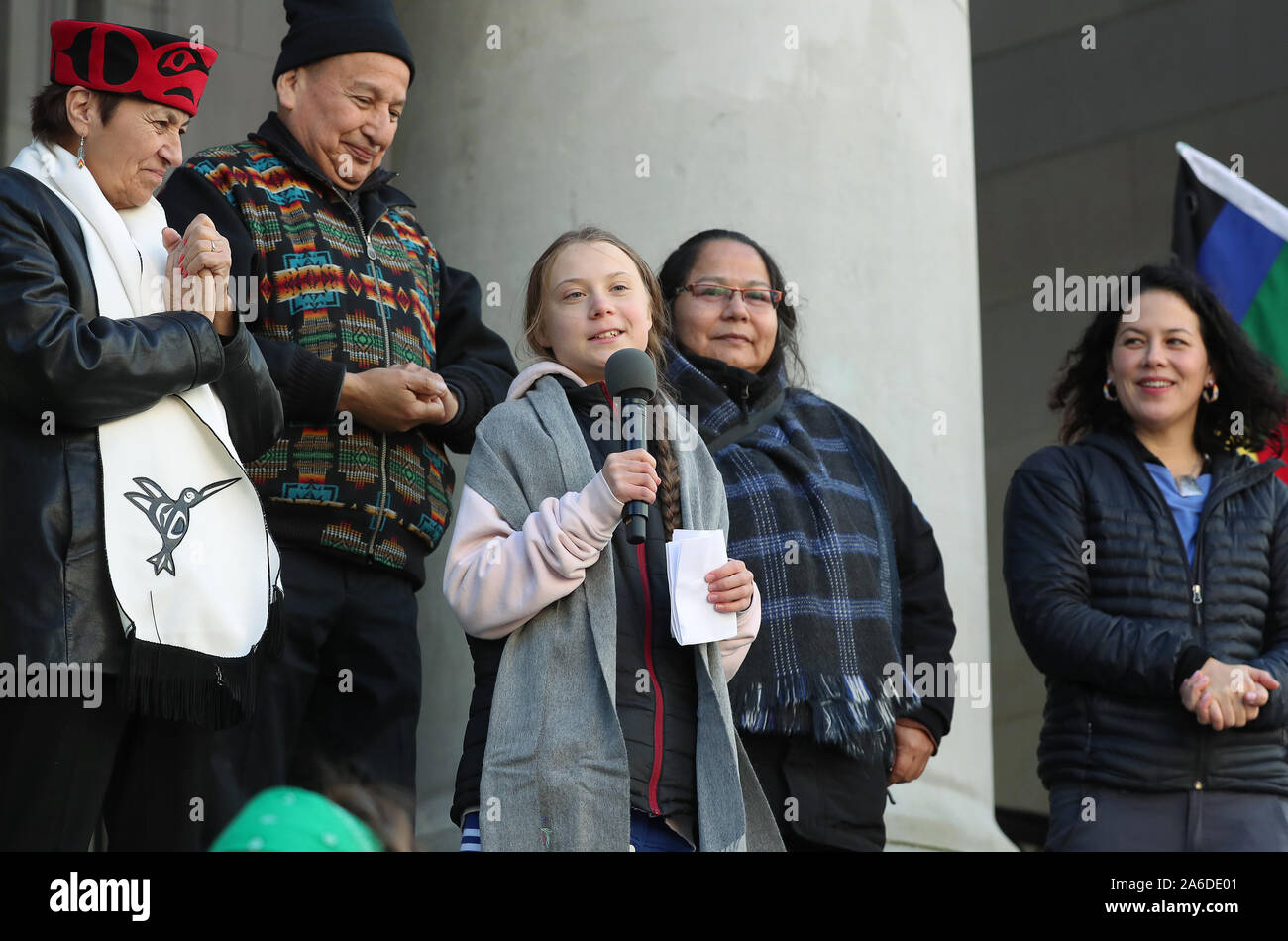 Swedish teen activist Greta Thunberg speaks after arriving for the post federal election Friday climate strike march starting and ending at the Vancouver Art Gallery in Vancouver, British Columbia on October 25, 2019. Organized by local youth-led, Sustainabiliteens, Greta and a turn out of nearly 10,000 climate activists demand action from industry and the various levels of government and are supporting the 15-youth who announced their plans to sue the federal government alleging it has contributed to climate change. Photo by Heinz Ruckemann/UPI Stock Photo