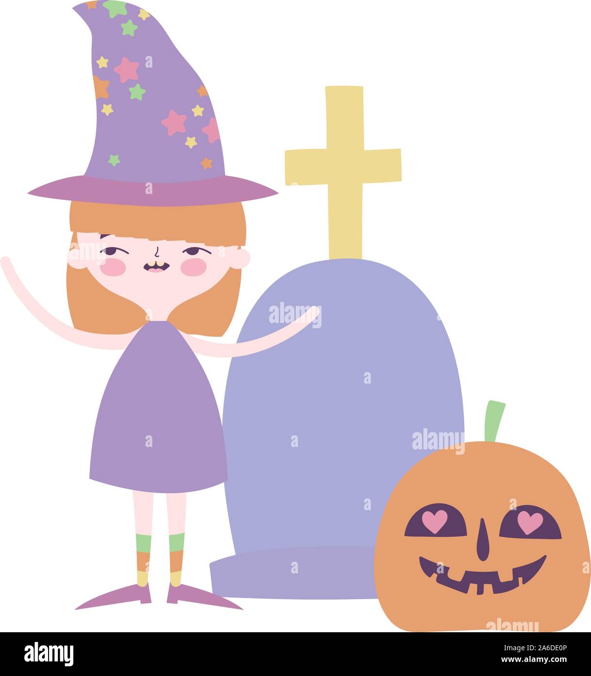 happy halloween celebration girl witch pumpkin and gravestone vector ...