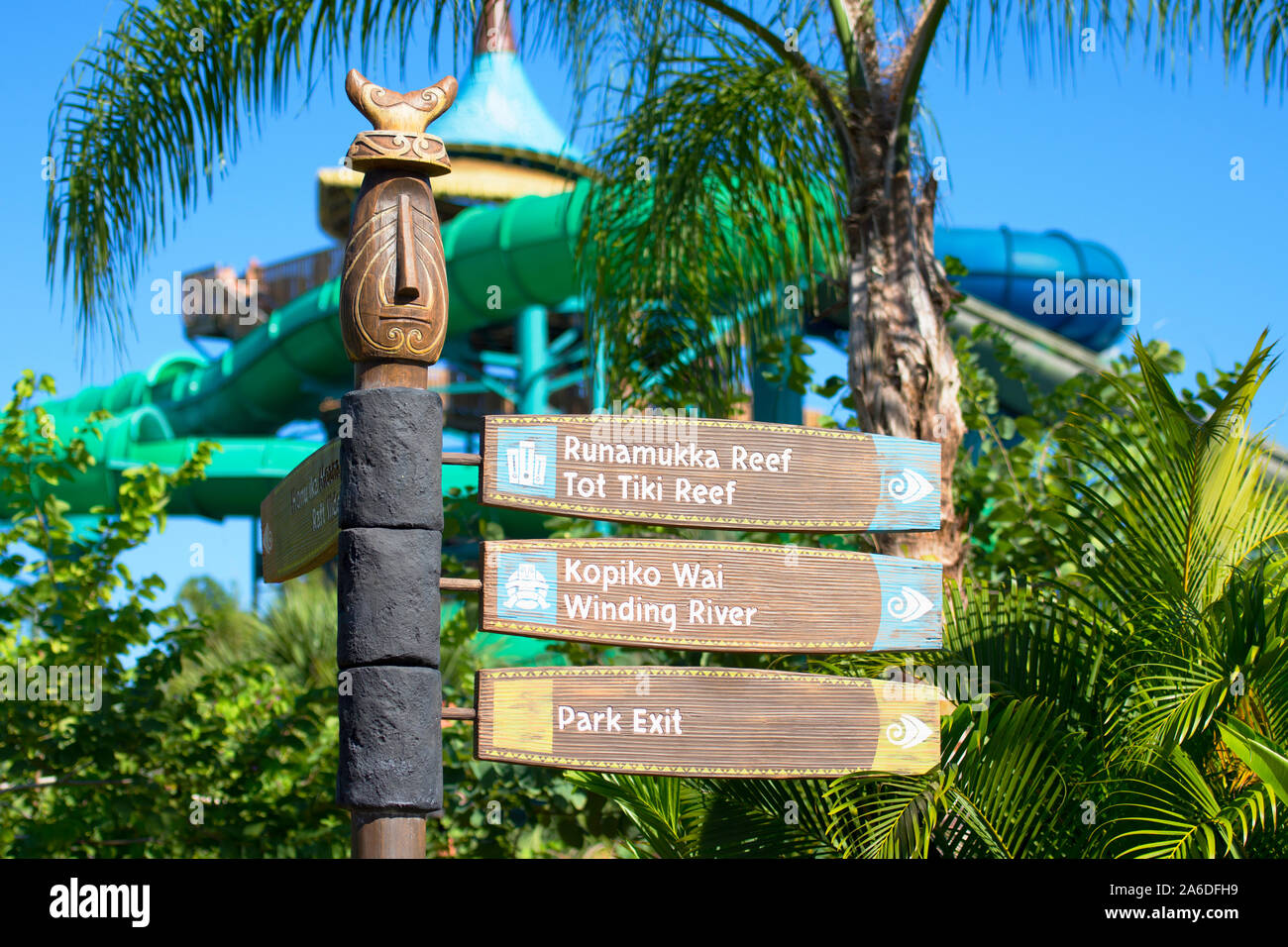 Volcano Bay, Water Park, Sign for Runamukka Reef Tot Tiki Reef, Kopiko Wai Winding River, Volcano Bay, Universal Orlando Resort, Florida, USA Stock Photo