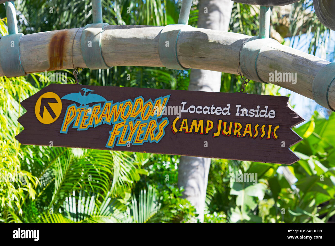 Pteranodon Flyers Kids Ride Sign, Inside Jurassic Camp, Islands of Adventure, Universal Studios Resort, Orlando, Florida, USA Stock Photo