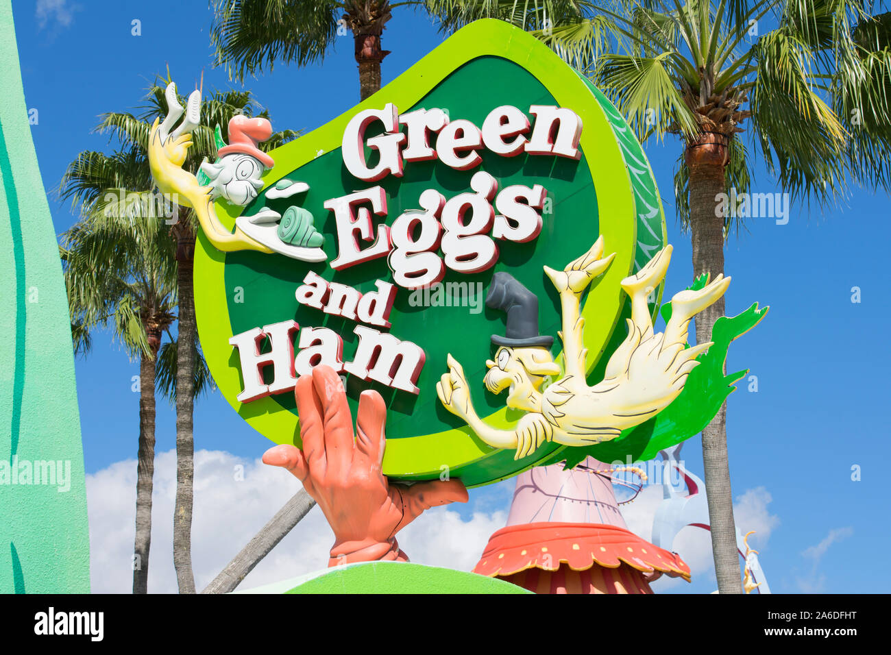 Green Eggs and Ham Cafe Sign at Seuss Landing, Islands of Adventure, Universal Studios Resort, Orlando, Florida, USA Stock Photo