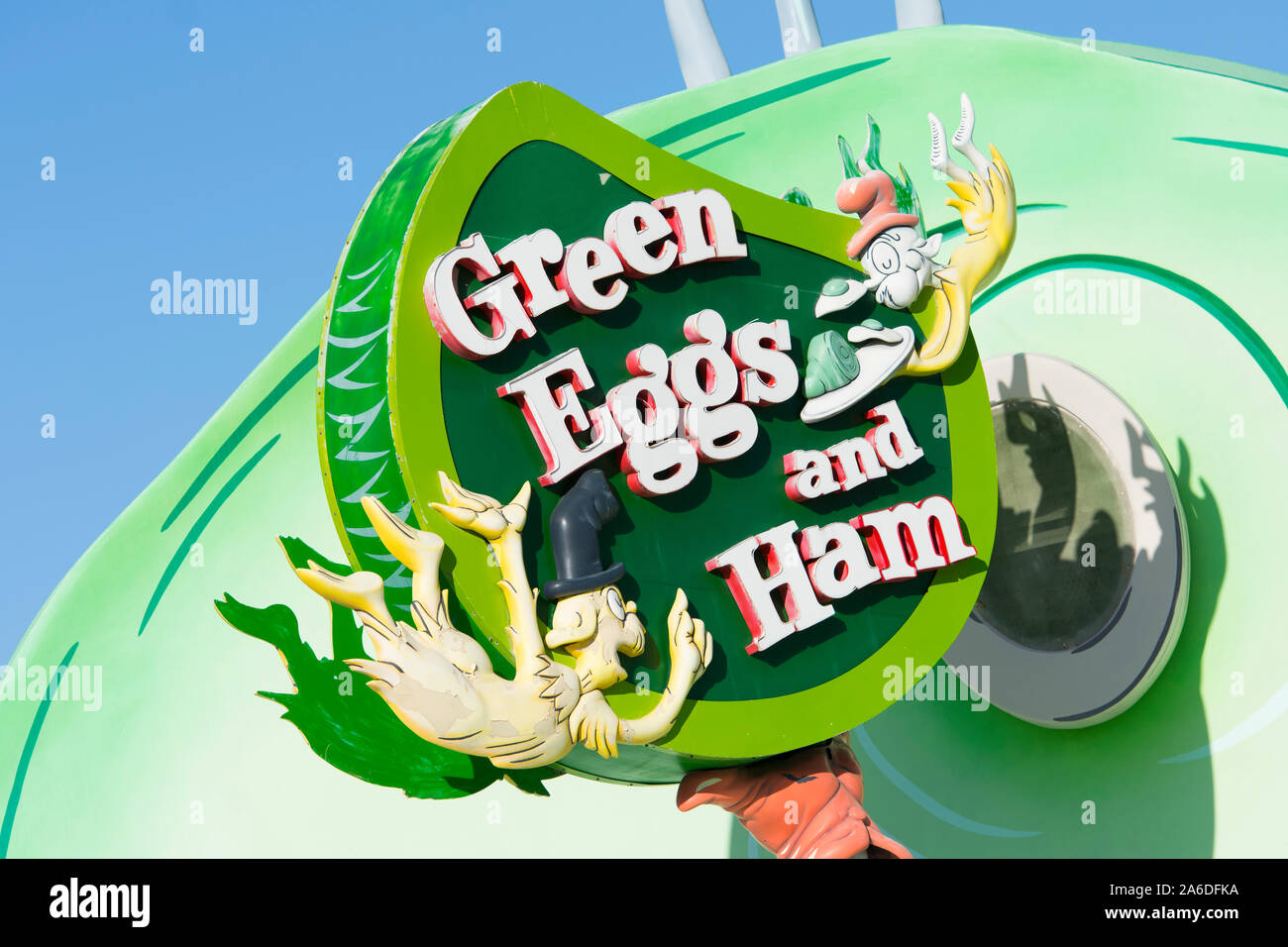 Green Eggs and Ham Cafe Sign at Seuss Landing, Islands of Adventure, Universal Studios Resort, Orlando, Florida, USA Stock Photo
