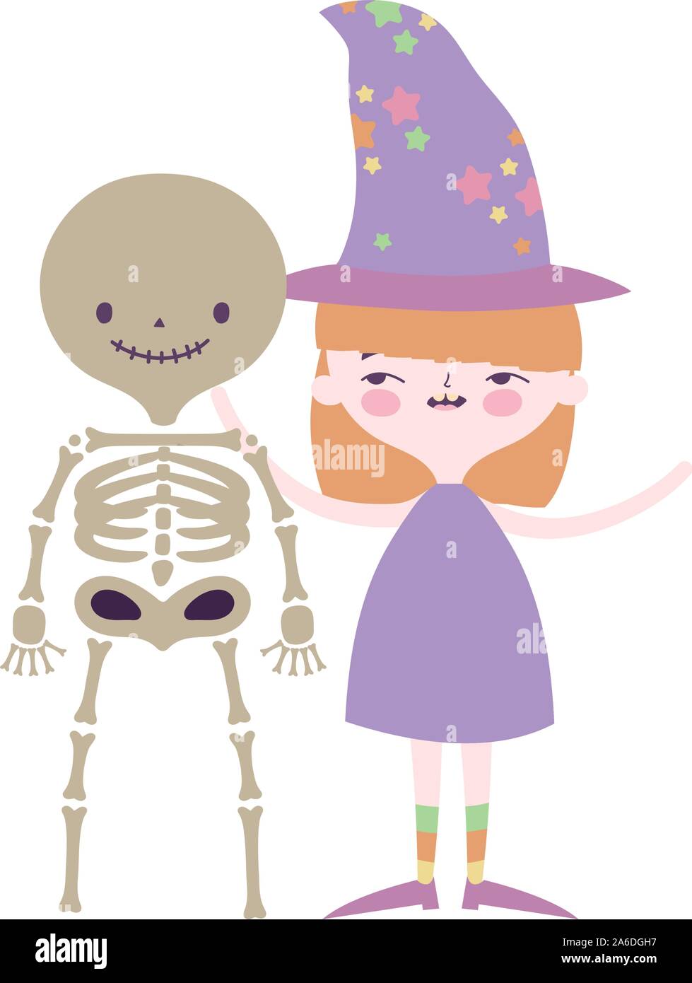 happy halloween celebration girl with hat witch and skeleton boy costume vector illustration Stock Vector