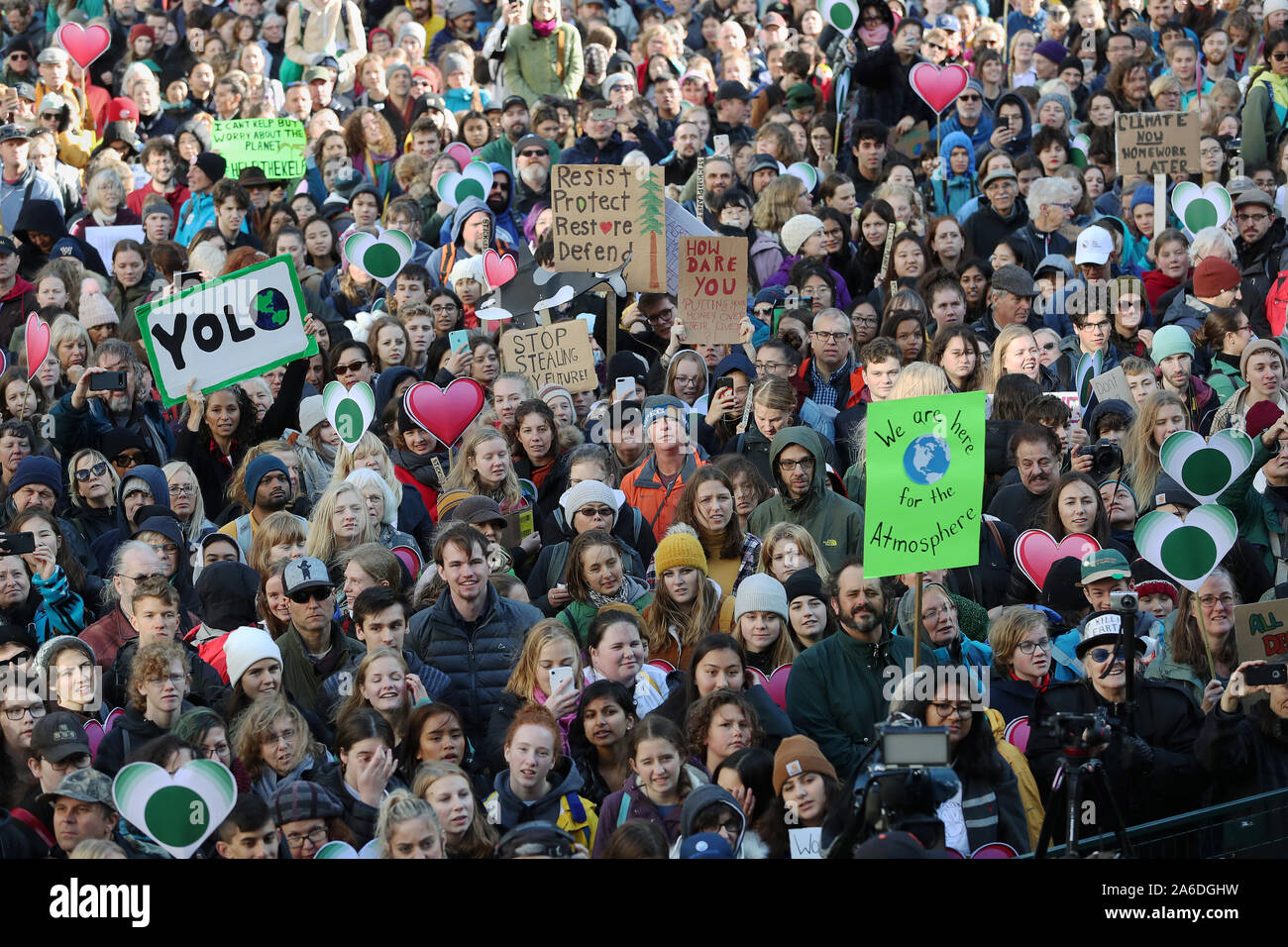 Swedish teen activist Greta Thunberg joins for the post federal election Friday climate strike march starting and ending at the Vancouver Art Gallery in Vancouver, British Columbia on Friday, October 25, 2019. Organized by local youth-led, Sustainabiliteens, Greta and a turn out of nearly 10,000 climate activists demand action from industry and the various levels of government and are supporting the 15-youth who announced their plans to sue the federal government alleging it has contributed to climate change. Photo by Heinz Ruckemann/UPI Stock Photo