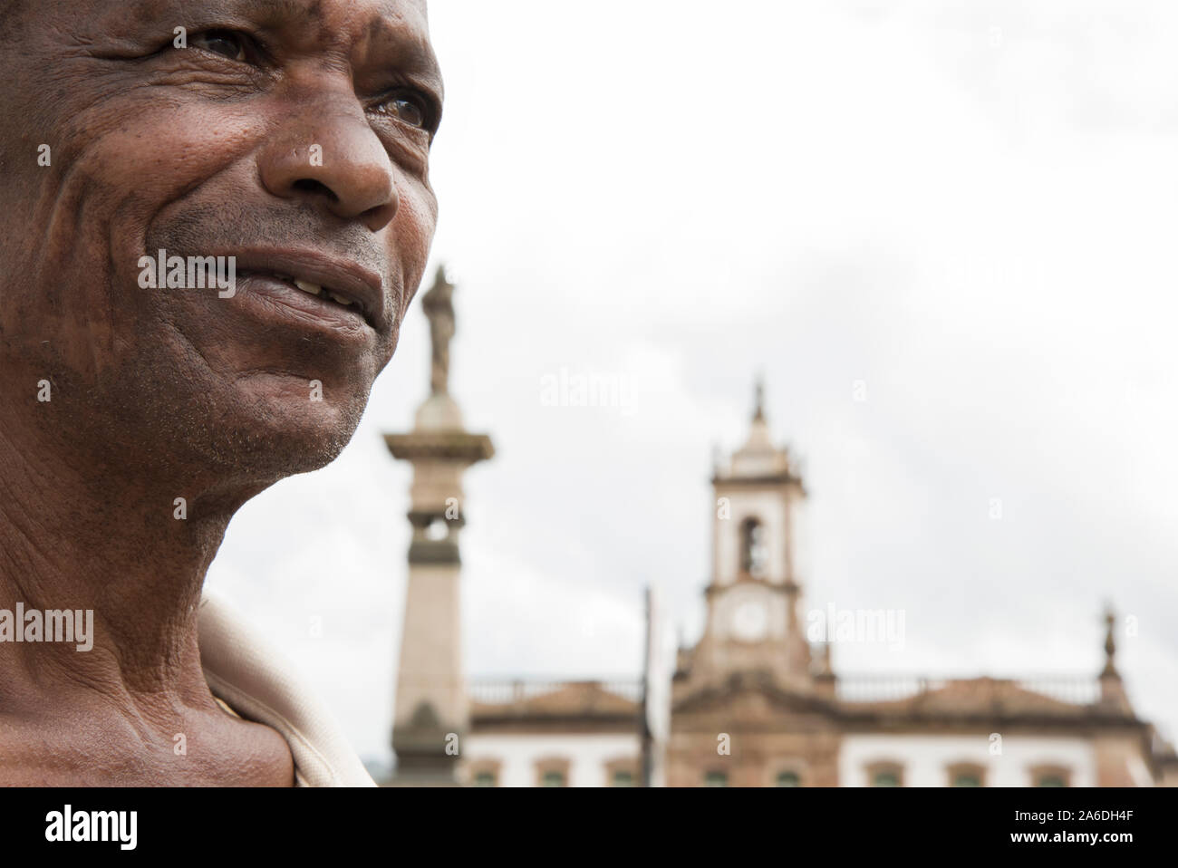 Ouro Preto, Minas Gerais, Brazil - February 27, 2016: Afro Brazilian man at Tiradentes Square, a representation of slaves descendants in Minas Gerais Stock Photo