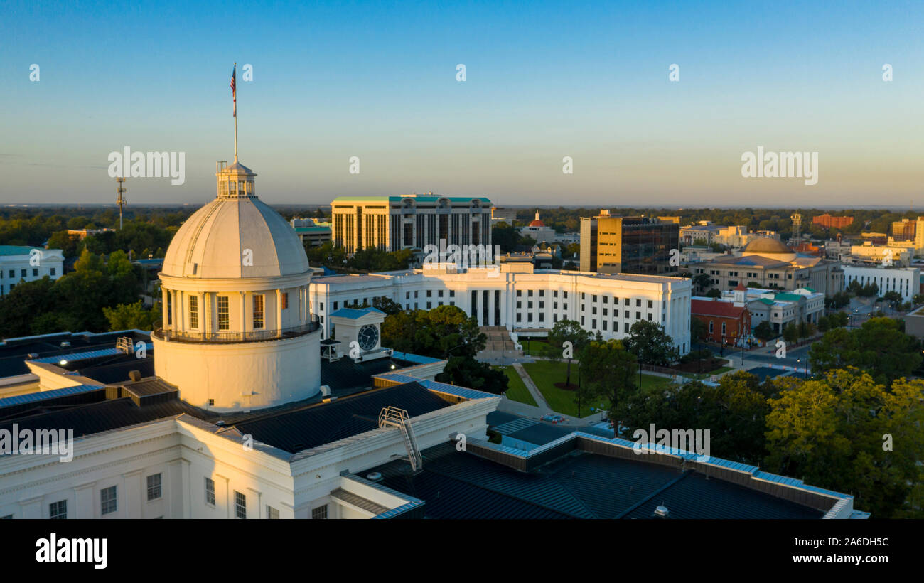 Golden sunlight reaches the horizon showing around the capital statehouse in Montgomery Alabama Stock Photo