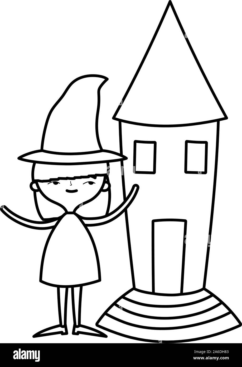 happy halloween celebration girl with hat witch and castle vector ...