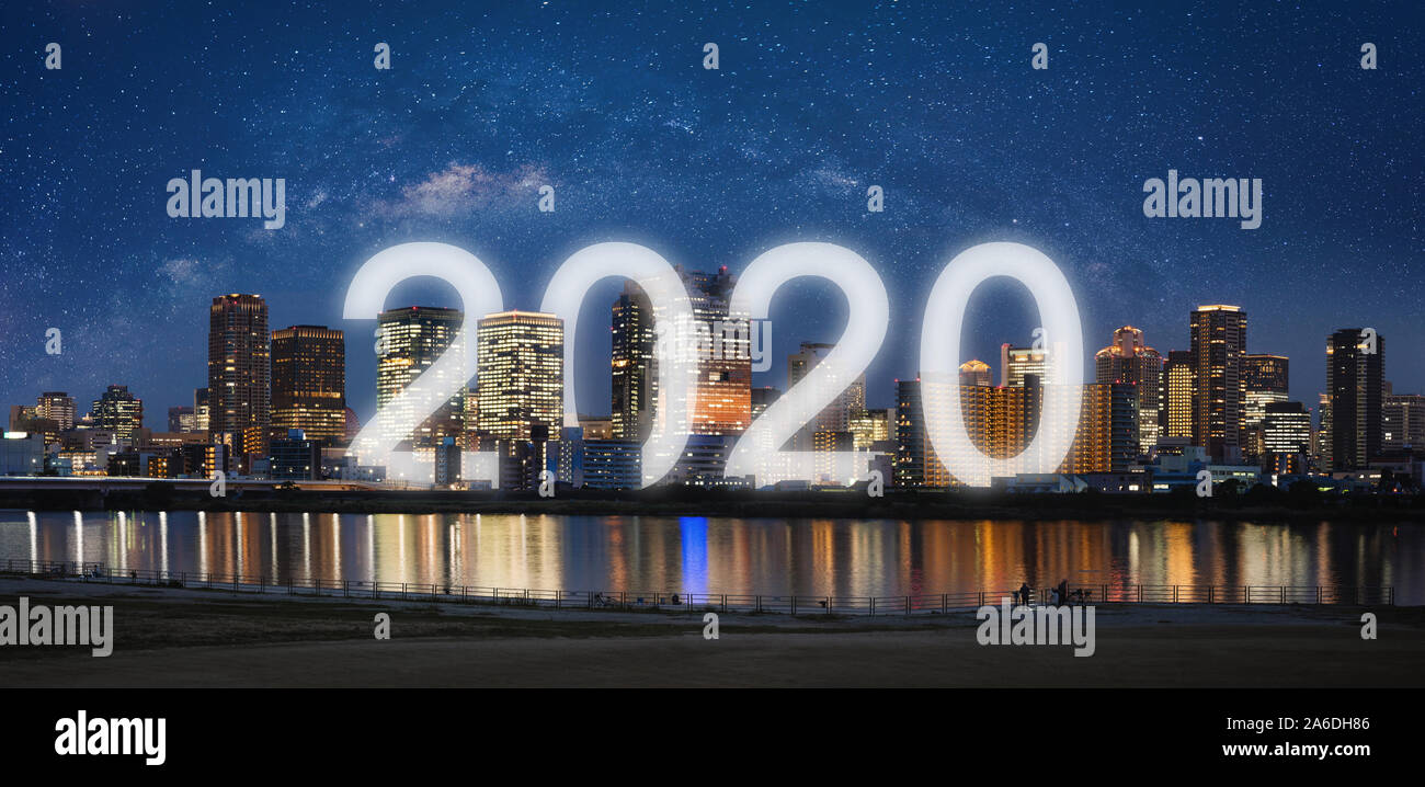 New Year 2020 in the city. Panoramic city at night. new year 2020 celebration Stock Photo