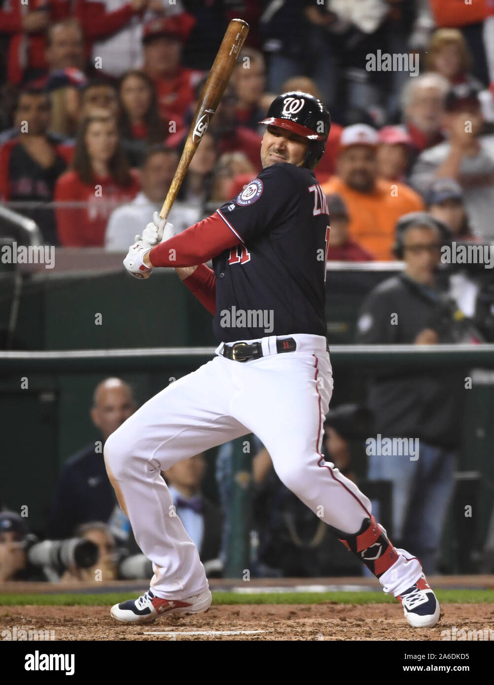 Washington, United States. 25th Oct, 2019. Washington Nationals Ryan Zimmerman moves away from a close pitch in fifth inning against the Houston Astros during Game 3 of the 2019 World Series at Nationals Park in Washington, DC on Friday, October 25, 2019. Washington leads the best-of-seven series 2-0. Photo by Kevin Dietsch/UPI Credit: UPI/Alamy Live News Stock Photo