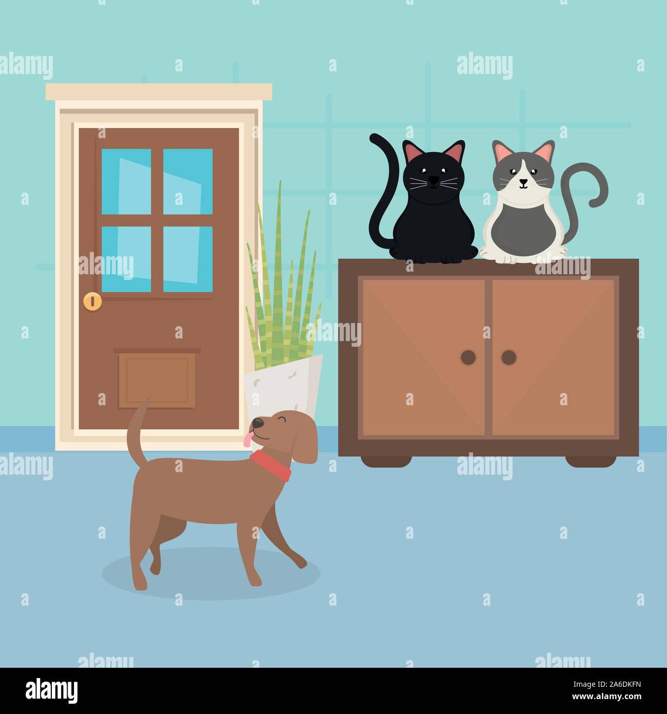 dog and cats sitting in furniture room house pet care vector