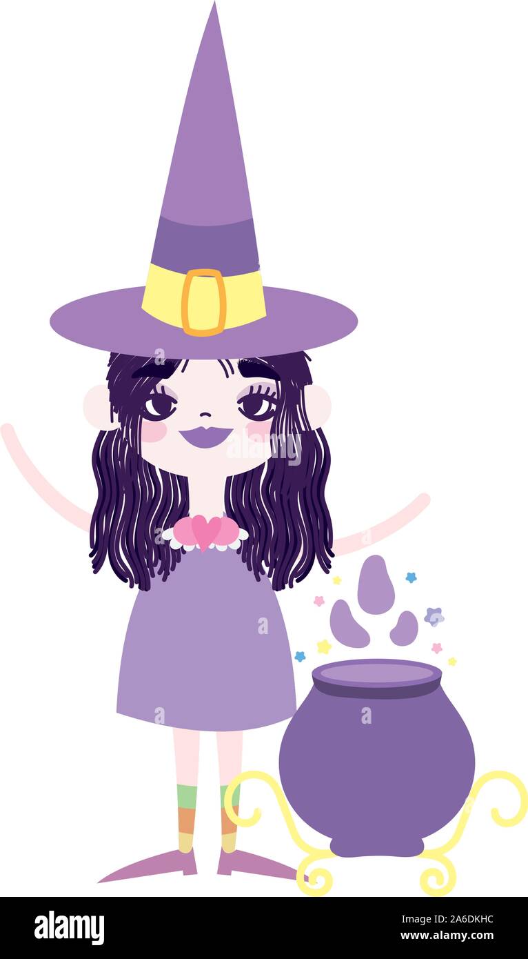 happy halloween celebration girl with hat witch cauldron spell vector ...