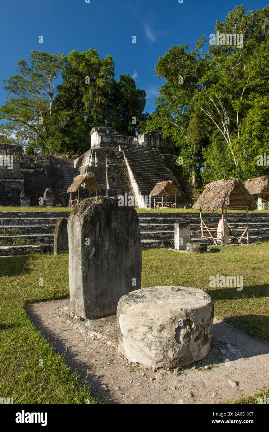 Stela and altar in the Great Plaza in front of