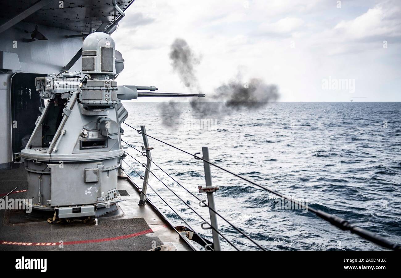 EAST CHINA SEA (Oct. 22, 2019) A mark 38 25mm machine gun system is