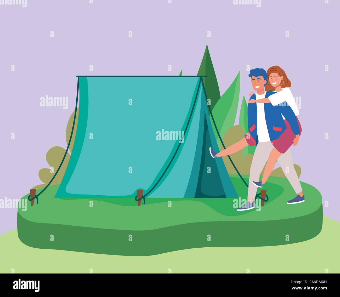 man carrying woman tent camping outdoors scene vector illustration ...