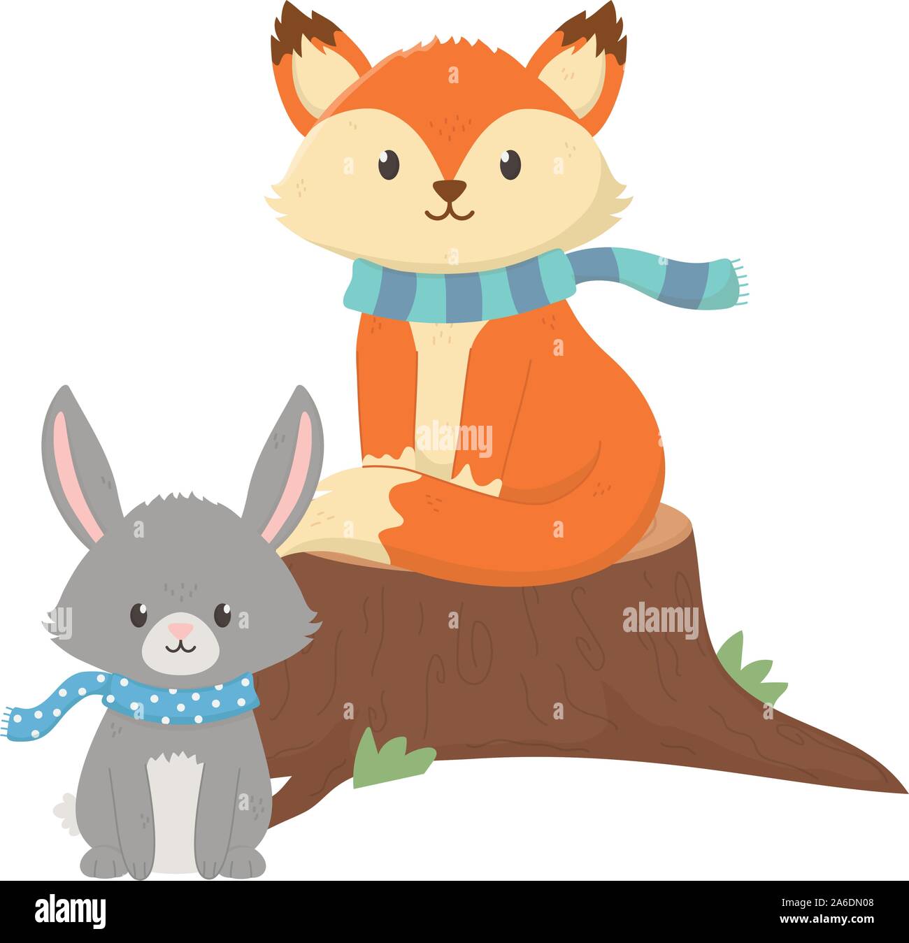 cute fox and rabbit with scarf autumn on white background vector ...