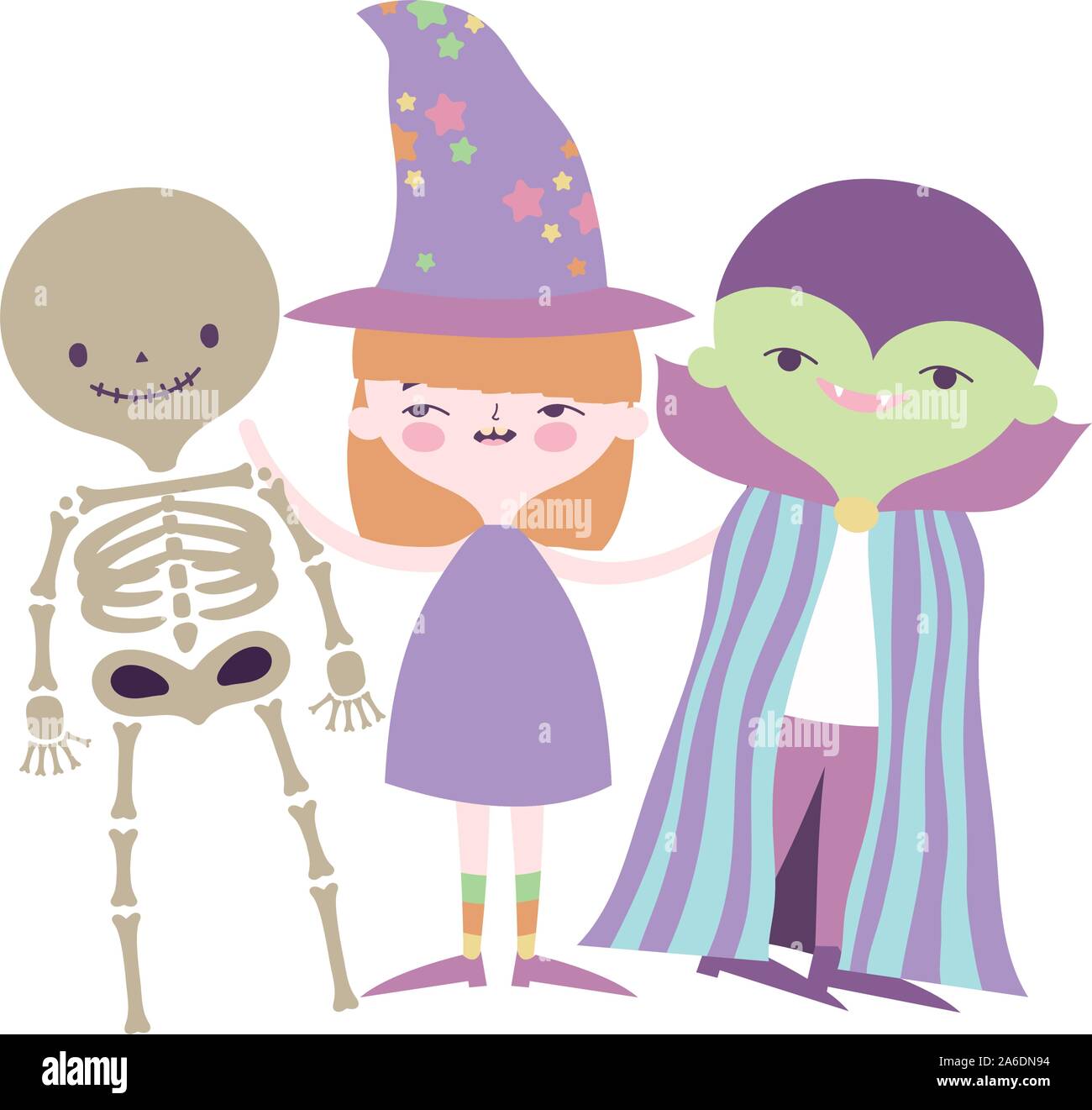 happy halloween celebration girl with hat witch skeleton and monster ...