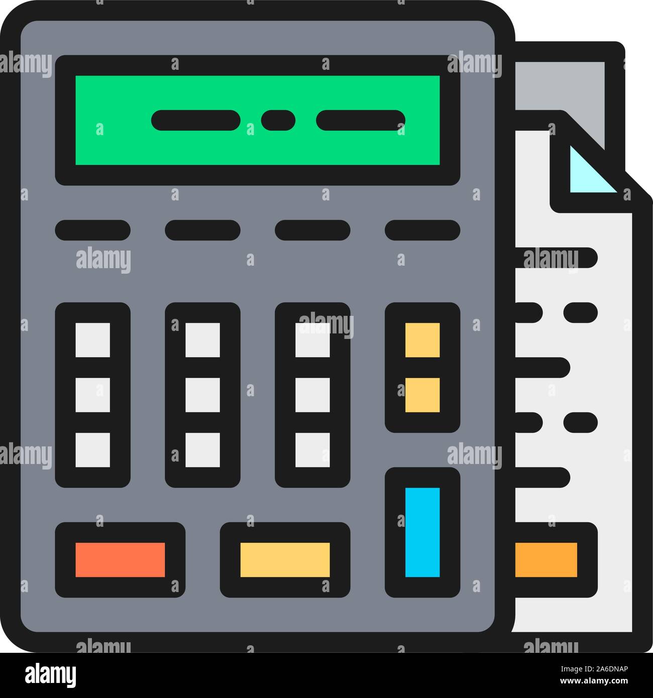 Calculator with documents, bookkeeping, accounting flat color icon. Stock Vector