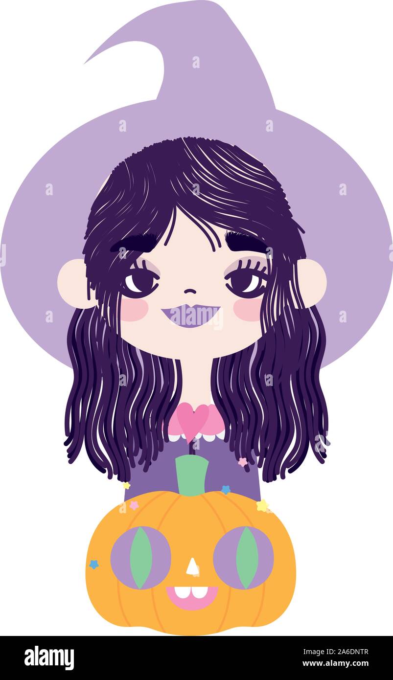 happy halloween celebration girl with hat witch and pumpkin vector ...