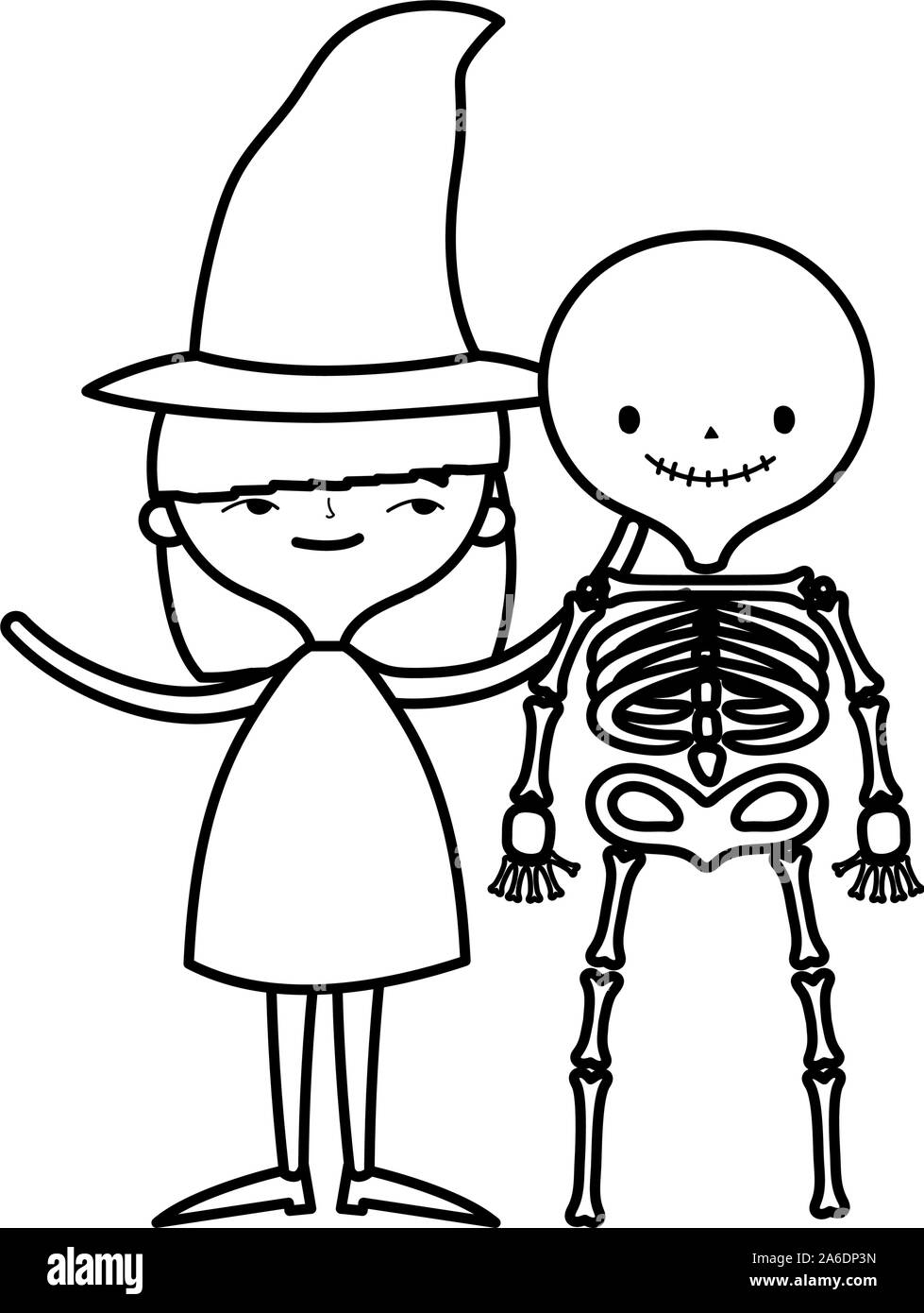 happy halloween celebration girl with hat witch and skeleton boy costume vector illustration line style Stock Vector