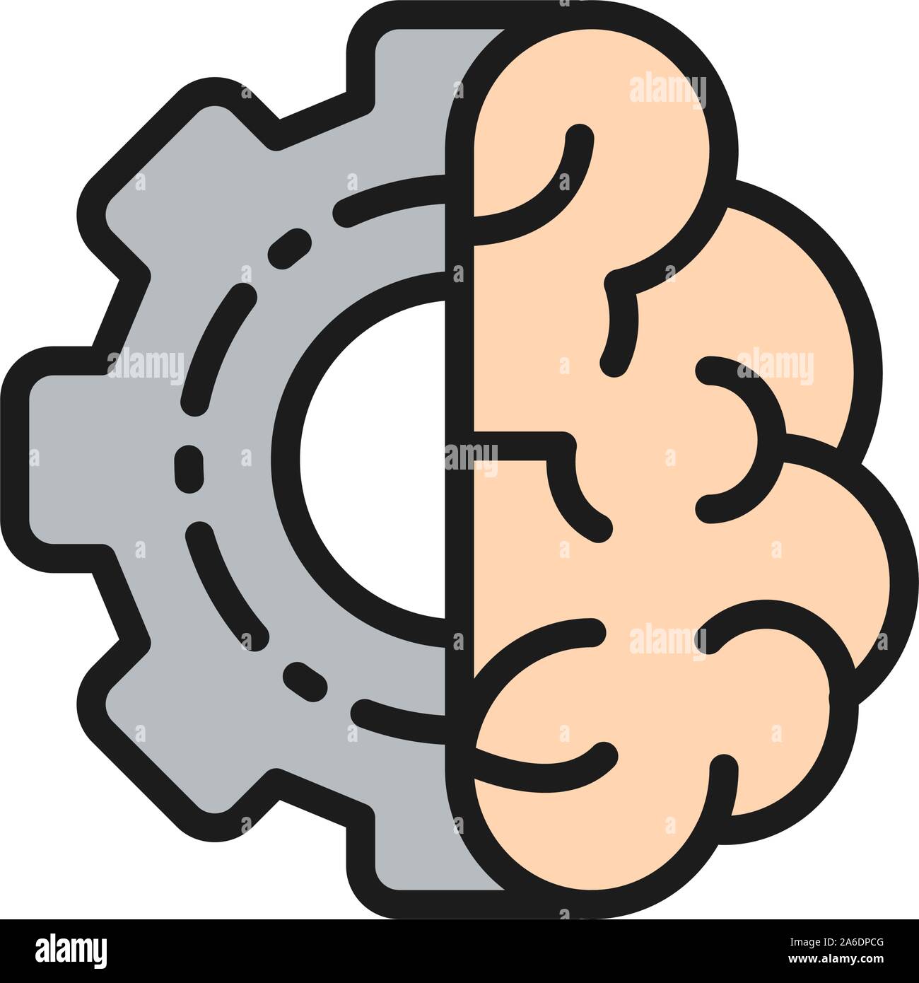 Brain with gear wheel, engineer mind, intellect flat color icon. Stock Vector