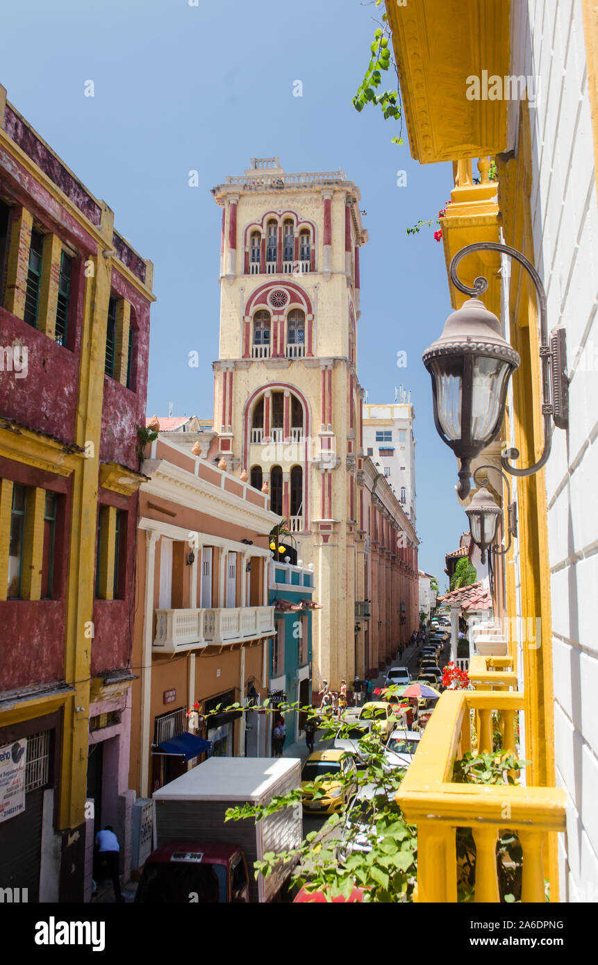 Charming street in the Walled City of Cartagena Stock Photo