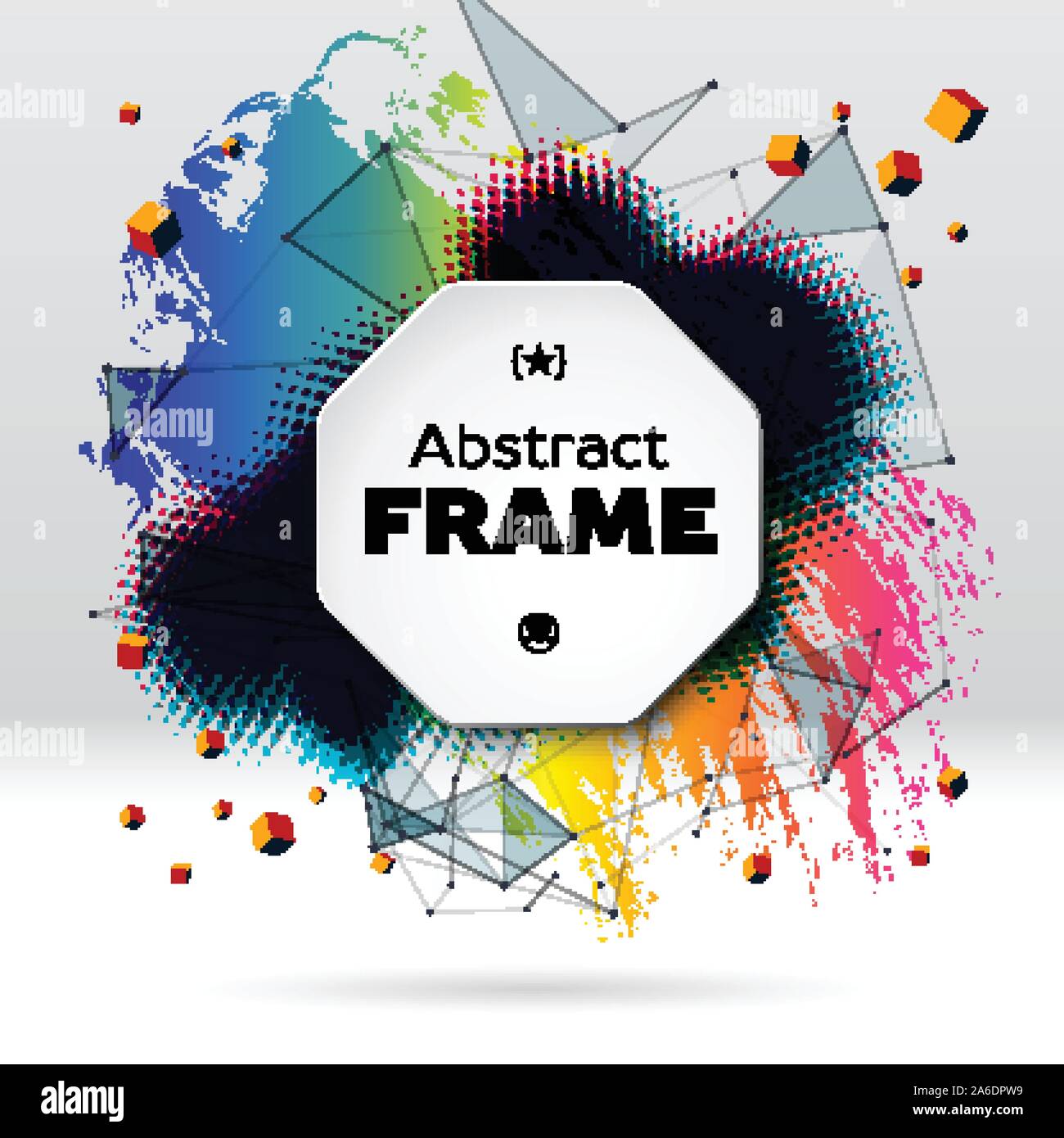 Background with brush stroke, blot, triangular grid and frame Stock Vector