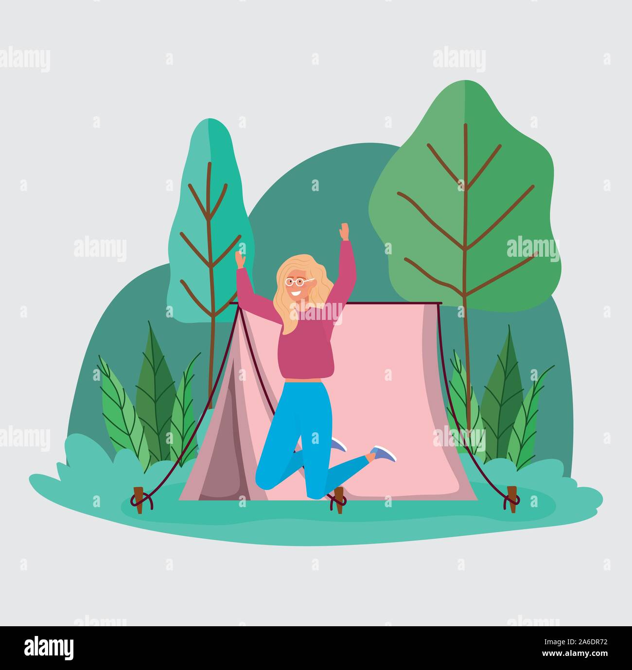 jumping woman tent camping picnic forest vector illustration Stock ...