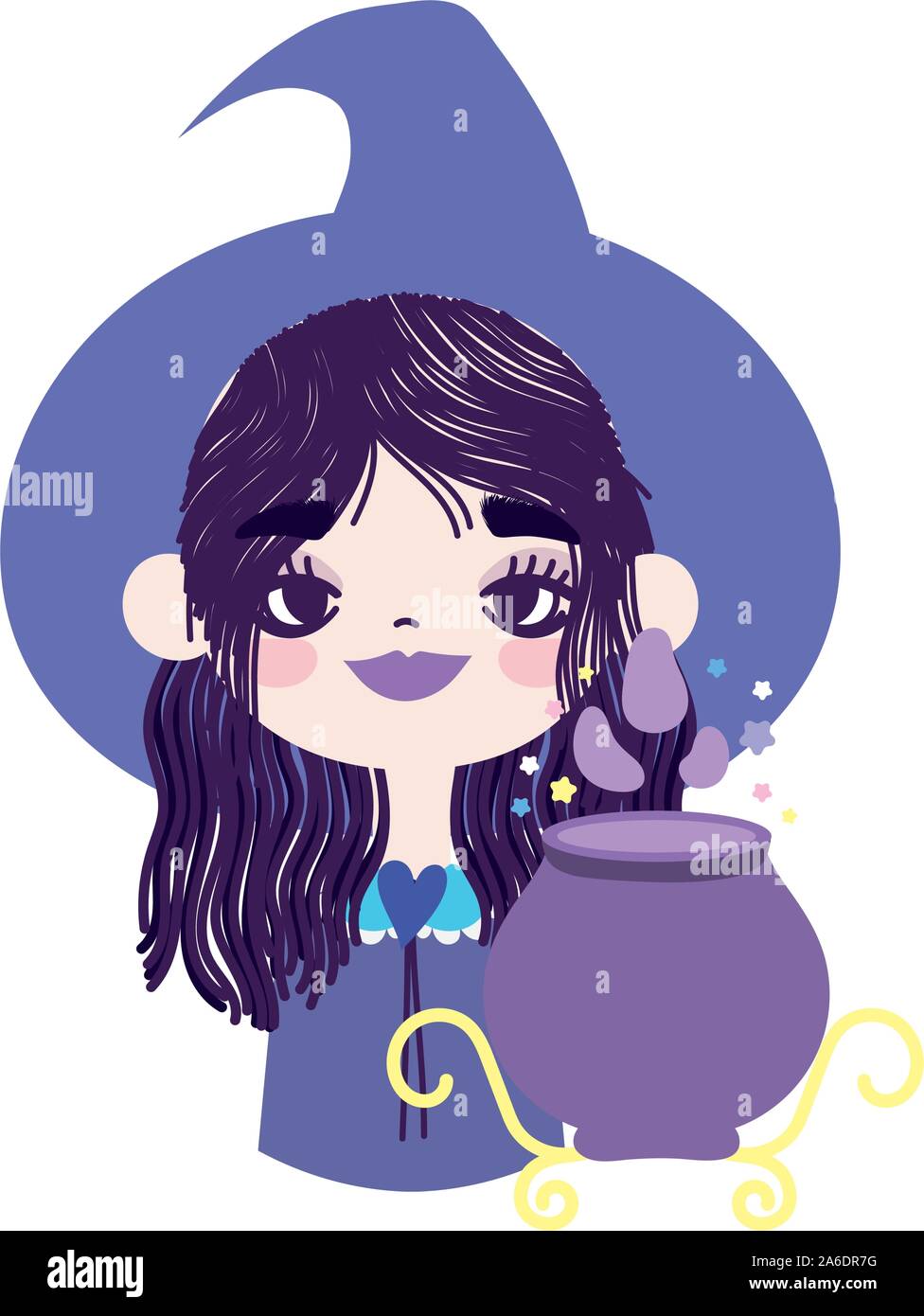happy halloween celebration girl with hat witch cauldron spell vector ...