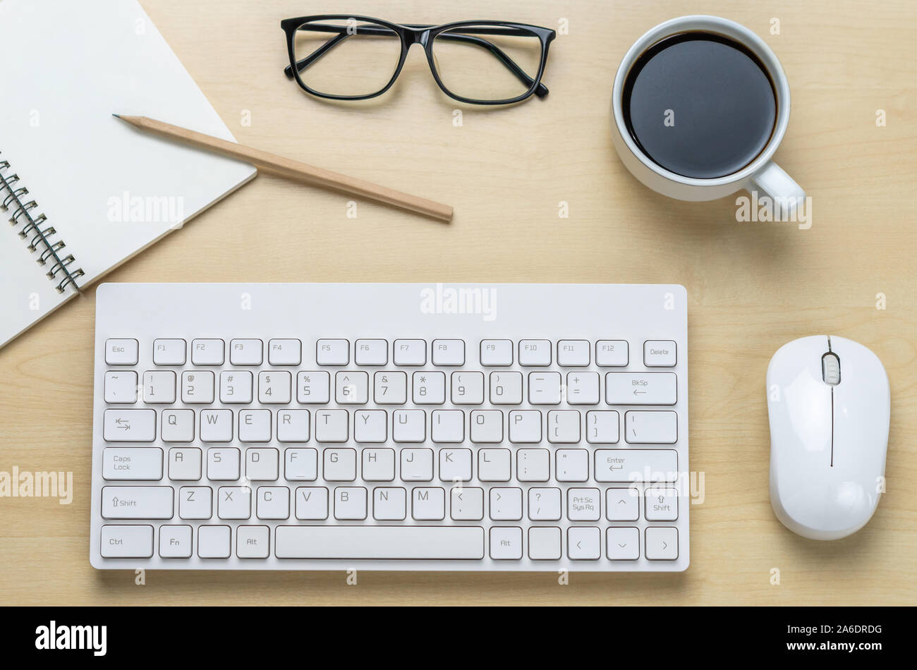 Office desk workspace and table background from top view above flat lay