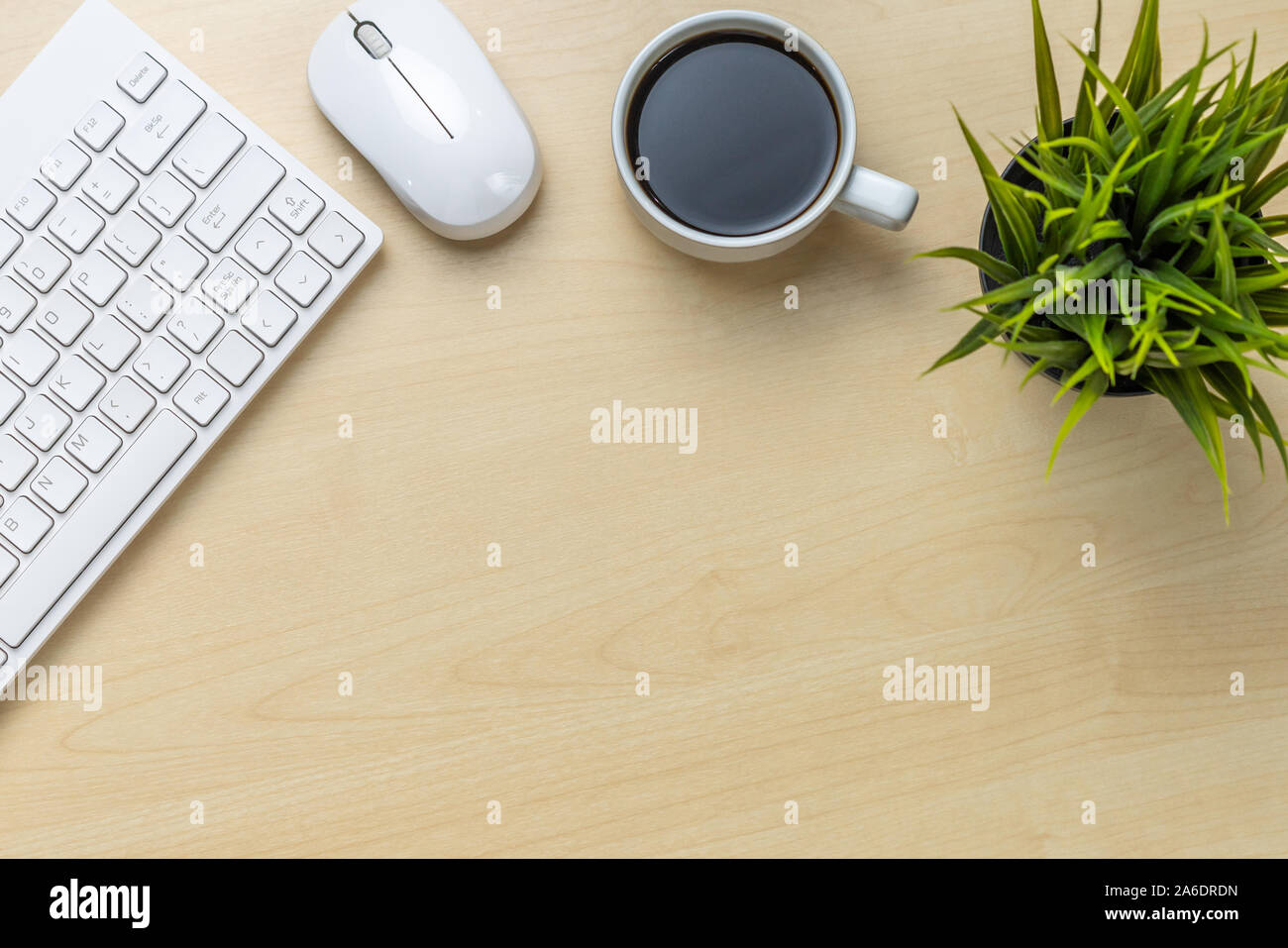 Office desk workspace and table background from top view above flat lay